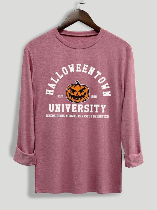 Women's Letter Print Round Neck Tee, Halloween Themed Fashion Casual Crew Neck Long Sleeve T-shirt for Daily Holiday Vacation Outdoor Wear, Ladies Clothes for Summer