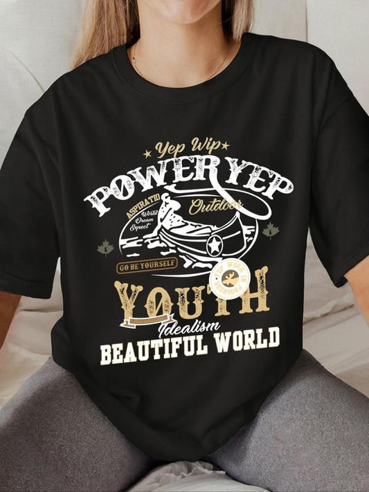 Women's Letter Print Round Neck Tee, Vintage Trendy Casual Drop Shoulder Half Sleeve T-shirt For Daily Wear, Ladies All...