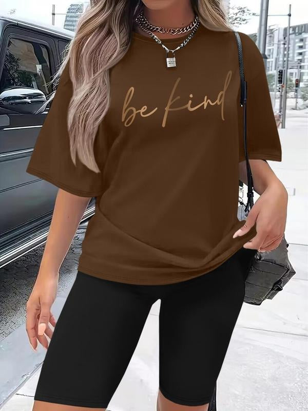 Women's Letter Print Short Sleeve Tee & Skinny Shorts Set, Casual Round Neck T-shirt & Shorts, Ladies Two-piece Outfits for Daily Wear