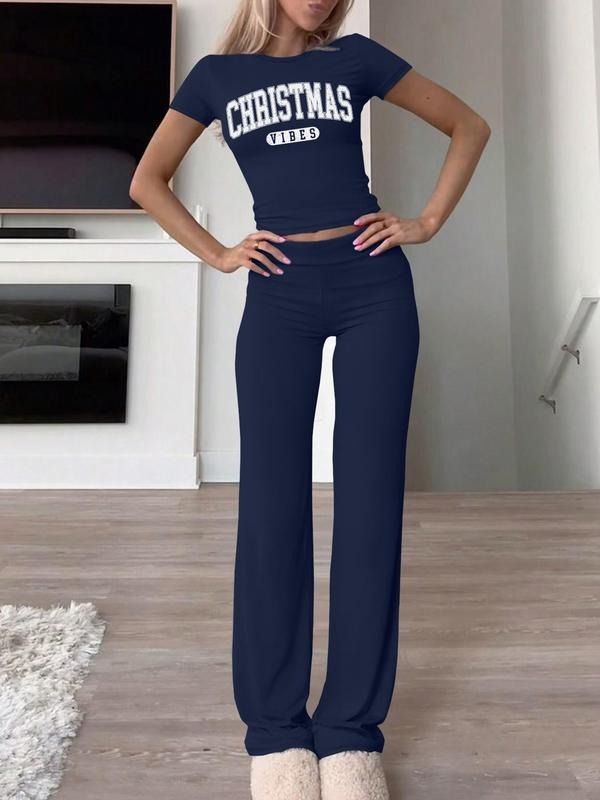 Women's Letter Print Tee & Pants Two-piece Set, Casual Round Neck Short Sleeve T-shirt & Trousers for Daily Wear, Ladies Spring & Fall Clothesstyle{n002}8