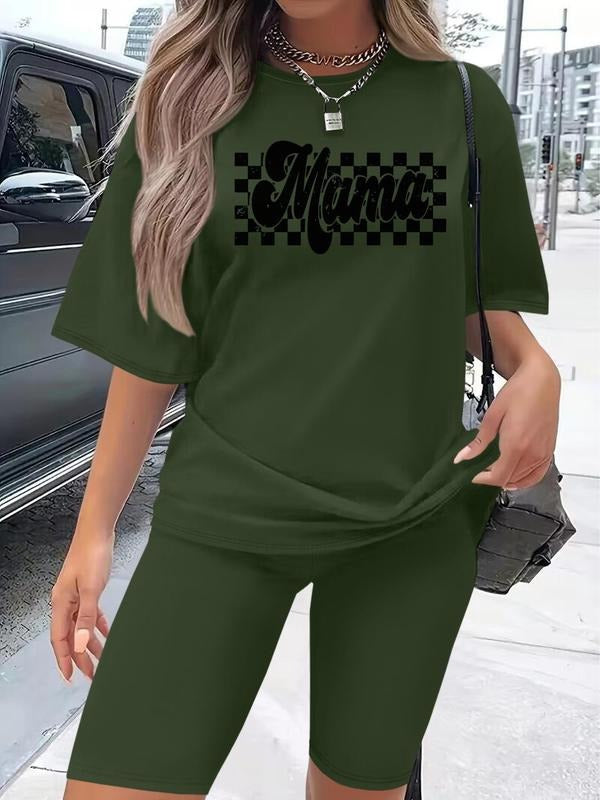 Women's Letter Print Tee & Shorts Set, Casual Short Sleeve T-shirt & Skinny Shorts, Ladies Clothes for Daily...