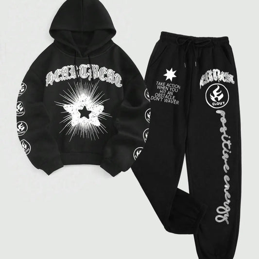 Women's Letter Star Print Drop Shoulder Thermal Lined Hoodie & Drawstring Waist Sweatpants Two-piece Set, Casual Fashion...