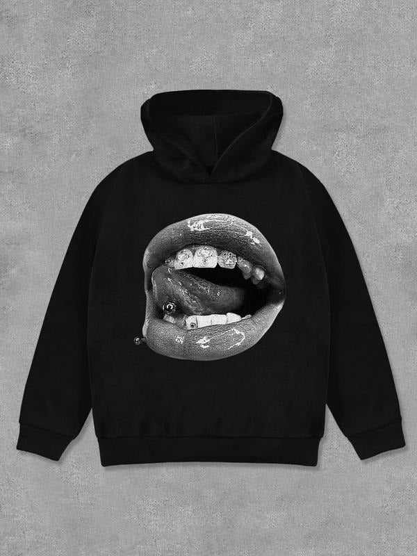 Women's Lip Print Drop Shoulder Hoodie, Fashion Casual Long Sleeve Hooded Sweatshirt for Daily Holiday Outdoor Wear, Women Clothing for Fall & Winter
