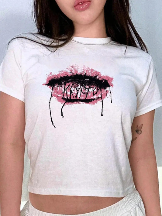 Women's Lip Print Round Neck Graphic Tee, Vintage Trendy Casual Short Sleeve T-shirt for Daily Wear, Ladies All Seasons...