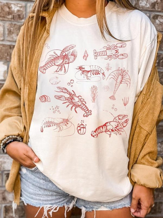 Women's Lobster & Shrimp Print Round Neck Tee, Casual Letter Graphic Short Sleeve Crew Neck T-shirt for Summer, Fashion Women's Top for Daily Wear