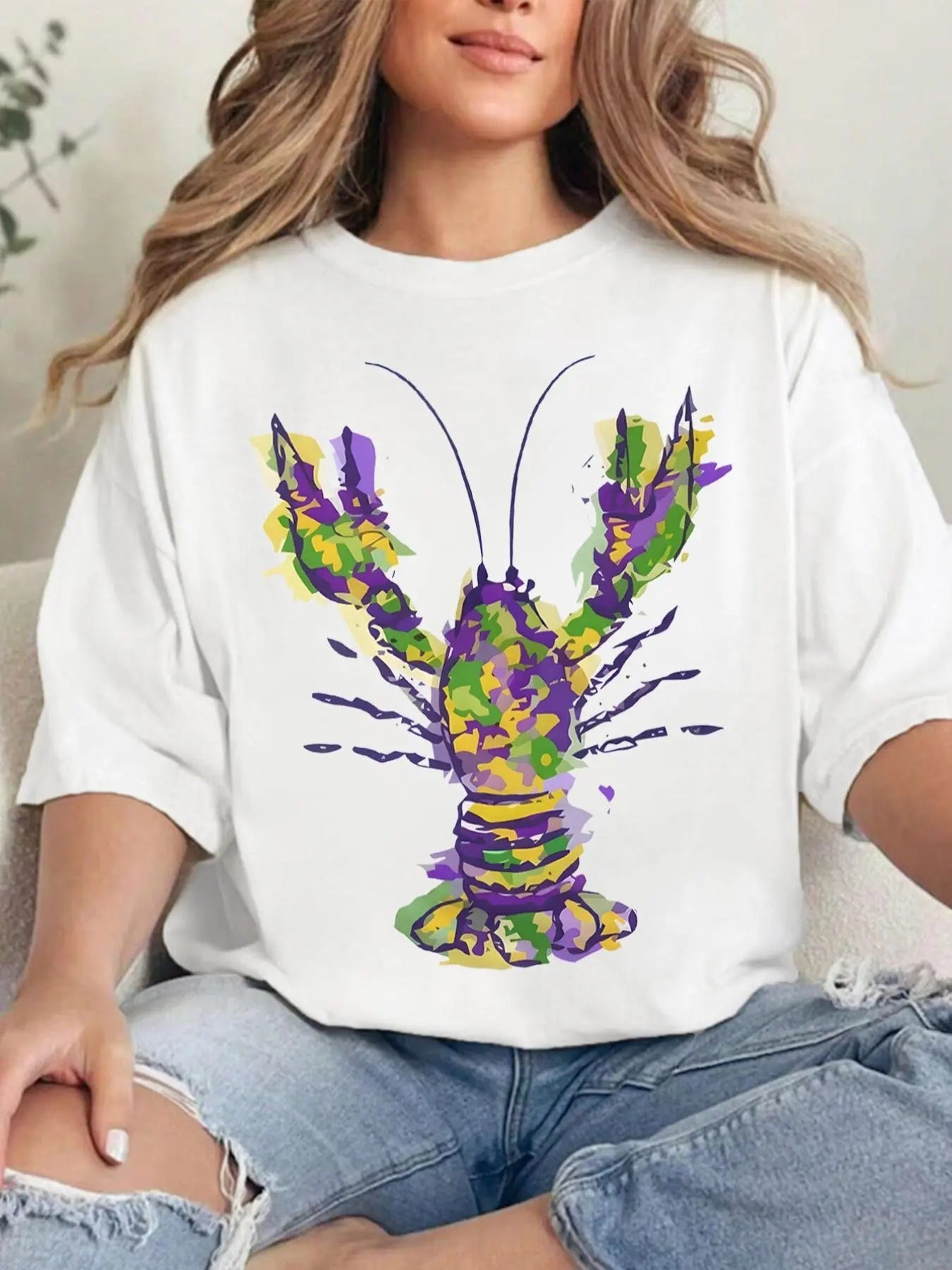 Women's Lobster Print Round Neck Tee, Fashion Casual Crew Neck T-shirt for Daily Holiday Vacation Outdoor Wear, Ladies Clothes for All Seasons