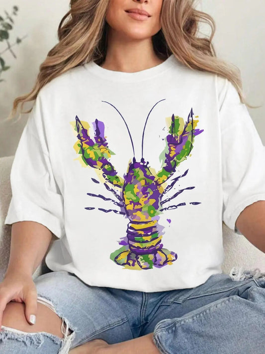 Women's Lobster Print Round Neck Tee, Fashion Casual Crew Neck T-shirt for Daily Holiday Vacation Outdoor Wear, Ladies Clothes for All Seasons