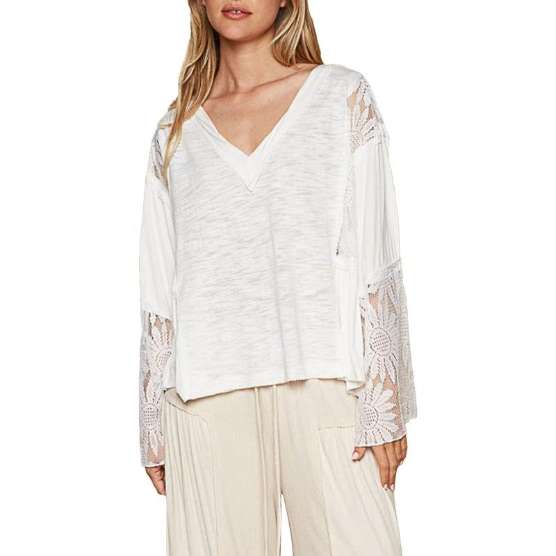 Women's Long Sleeve T-Shirt Sheer Floral Lace Patchwork V-Neck Casual Pullover Tops