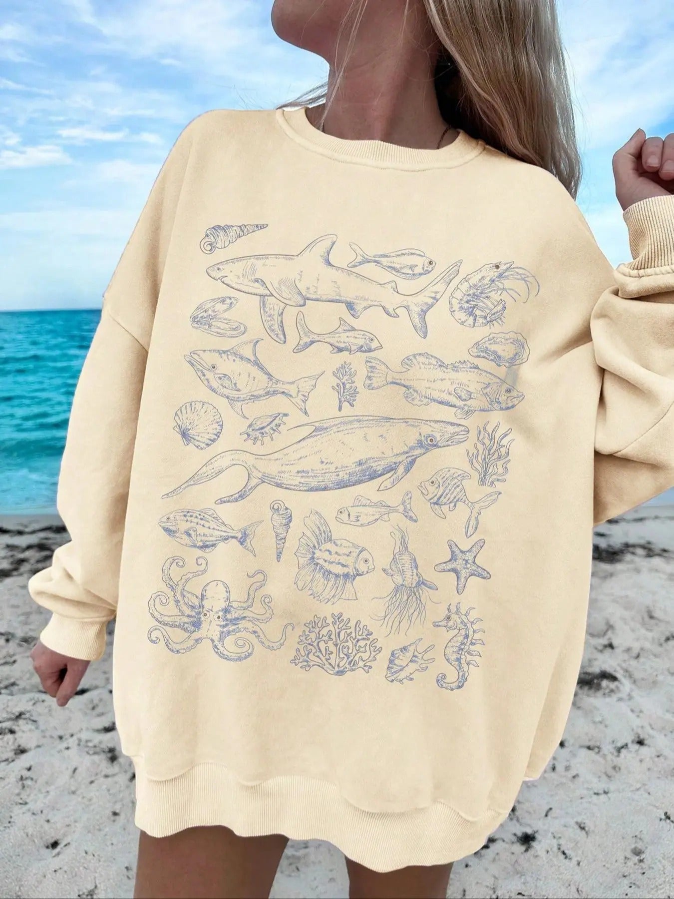 Women's Marine Life Print Drop Shoulder Sweatshirt, Casual Long Sleeve Round Neck Pullover for Spring & Fall, Ladies Clothes for Daily Wear