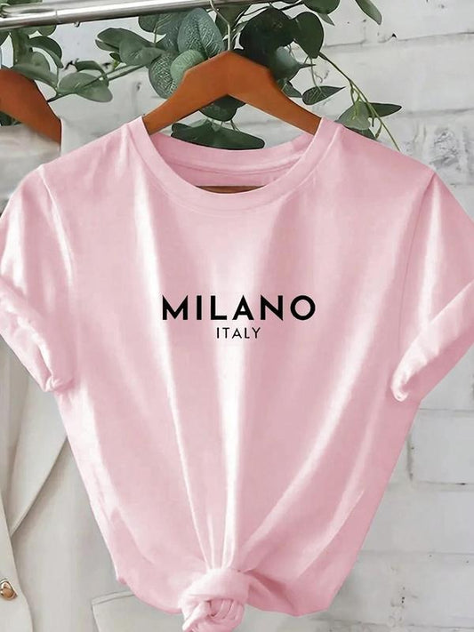 Women's Milano Italy Letter Print Round Neck Tee, Casual Short Sleeve Crew Neck T-Shirt for Daily Wear, Ladies Clothes for All Seasons, Top
