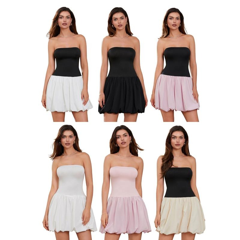 Women's Mini Tube Top Dress Off Shoulder Backless Sleeveless A-Line Puffball Dress for Party Club Cotton Formal Lady Womenswear