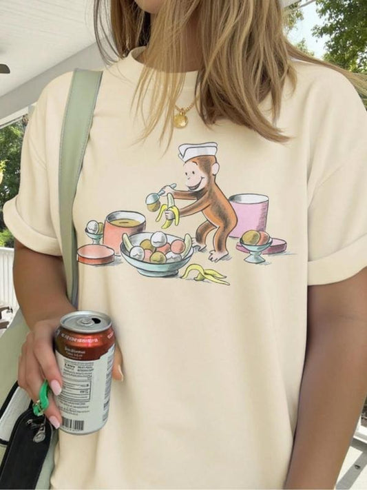 Women's Monkey & Banana Print Round Neck Graphic Tee, Vintage Trendy Casual Short Sleeve T-shirt for Daily Wear, Ladies Summer Outfit, Topstyle{n002}2