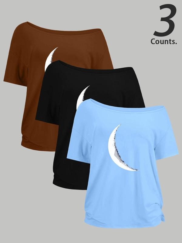 Women's Moon Print One Shoulder Tee, Casual Fashion Crew Neck Short Sleeve T-shirt for Daily Holiday Vacation Outdoor Wear, Ladies Clothes for Summer, Top