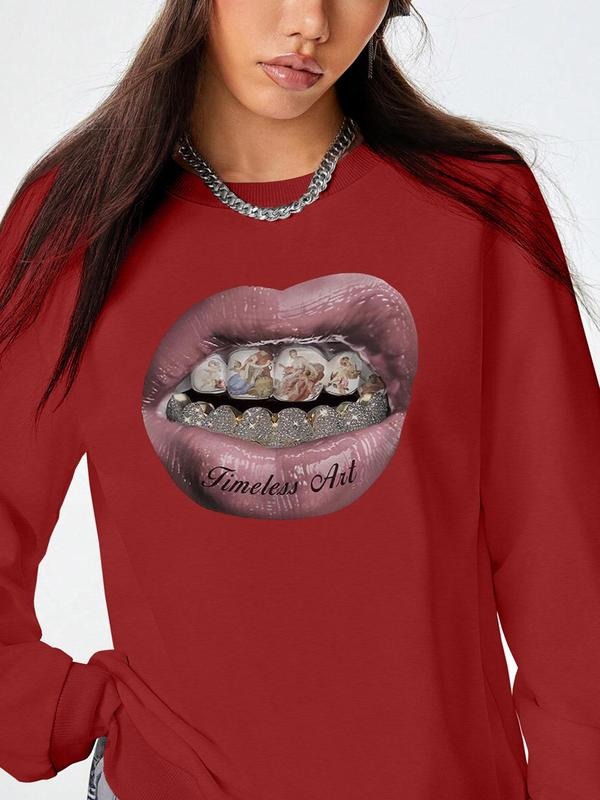 Women's Mouth Print Drop Shoulder Sweatshirt, Fashion Casual Crew Neck Pullover for Daily Holiday Outdoor Wear, Women Clothing for Fall & Winter