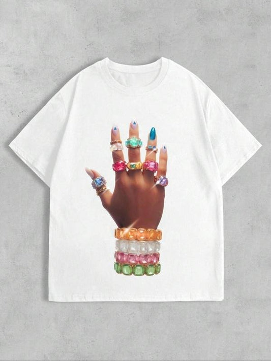 Women's Multicolor Hand Print Drop Shoulder Tee, Fashion Casual Crew Neck T-shirt for Daily Holiday Vacation Outdoor Wear, Ladies Clothing for Summer