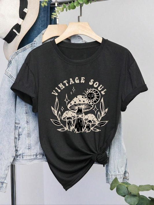 Women's Mushroom & Letter Print Round Neck Graphic Tee, Vintage Trendy Casual Short Sleeve T-shirt for Daily Wear, Ladies...