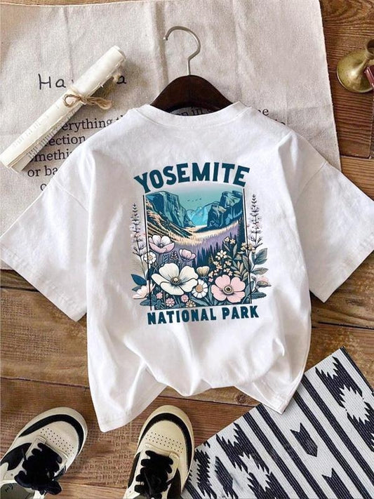 Women's National Park Landscape & Letter Print Round Neck Tee, Vintage Trendy Casual Drop Shoulder Short Sleeve T-shirt...