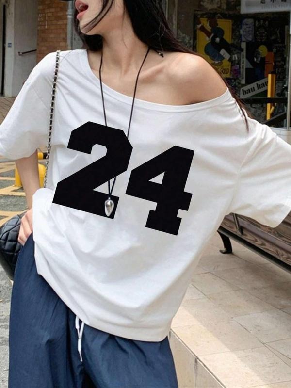 Women's Number 24 Print Off Shoulder Tee, Casual Letter Graphic Sweatshirt for Summer, Women's Top for Daily Wear, Crewneck