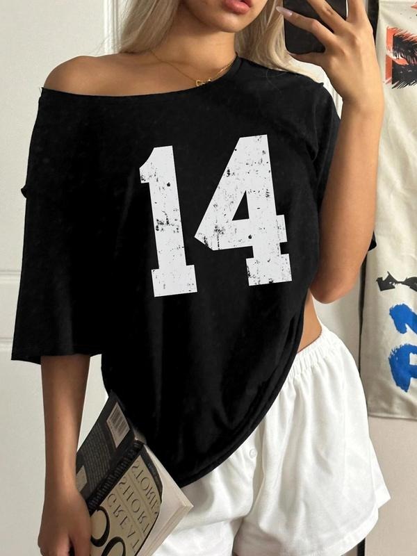 Women's Number Print Asymmetrical Neck Tee, Fashion Casual Figure Printed T-shirt for Daily Holiday Vacation Outdoor Wear, Ladies Clothes for All Seasons