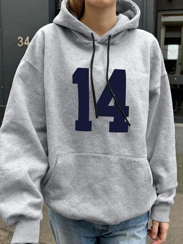 Women's Number Print Drop Shoulder Hoodie, Fashion Casual Drawstring Pocket Hooded Sweatshirt for Daily Holiday Outdoor Wear, Women Clothing for Fall & Winter