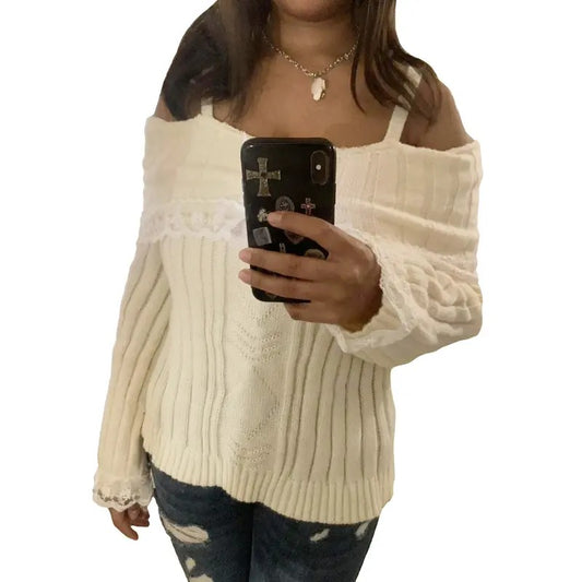 Women's Off Shoulder Lace Trim Sweater Ribbed Knit Kawaii Long Sleeve  Bow Front Cami Jumper Tops Y2K Solid Basic Fitted Pullovers