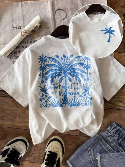 Women's Palm Tree Print Round Neck Tee, Casual Short Sleeve Crew Neck T-Shirt for Summer, Fashion Women's Top for Daily Wear