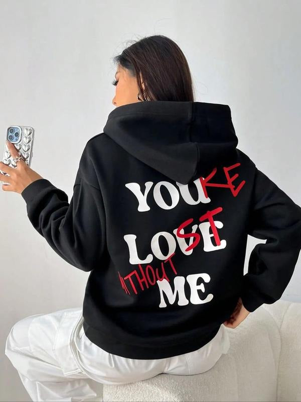Women's Personalized Letter Print Drop Shoulder Drawstring Hoodie, Comfort Soft Long Sleeve Womenswear, Pocket Hooded...