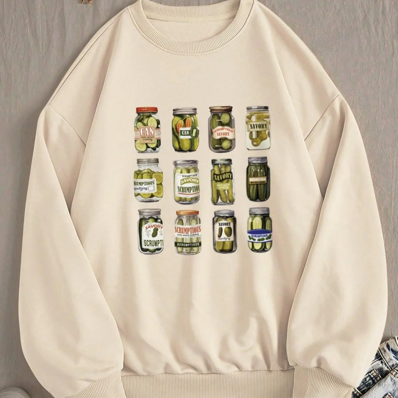 Women's Pickle Jar Print Drop Shoulder Sweatshirt, Casual Long Sleeve Round Neck Pullover for Fall & Winter, Women's Clothes for Daily Wear
