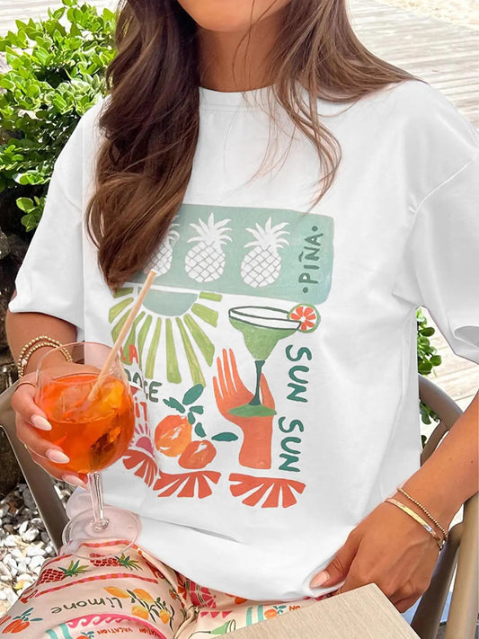 Women's Pineapple Print Round Neck Tee, Casual Fruit Graphic Short Sleeve T-shirt for Daily Wear, Ladies Clothes for All Seasons