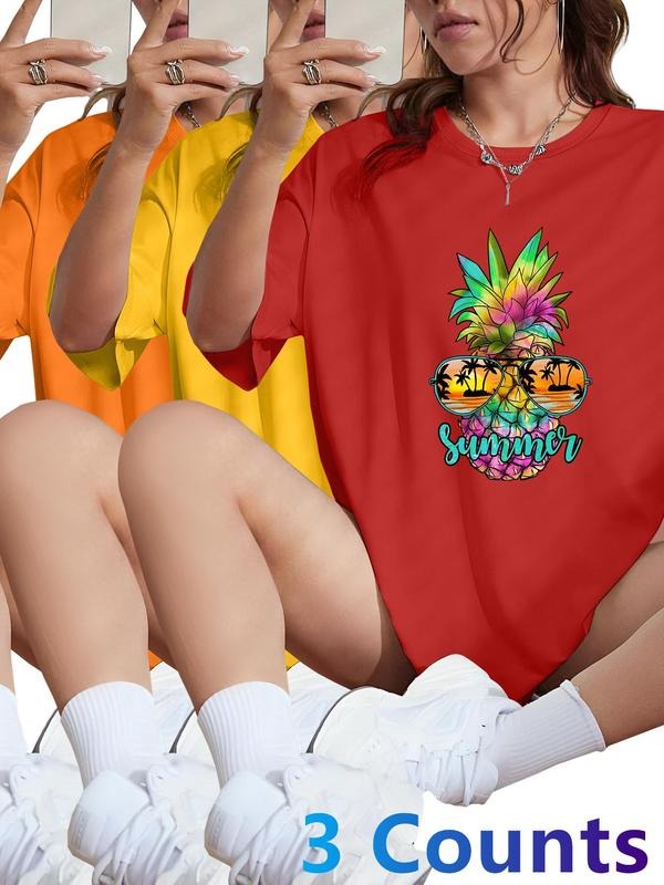 Women's Pineapple Print Round Neck Tee, Casual Short Sleeve Crew Neck T-shirt for Summer, Fashion Women's Top for Daily...