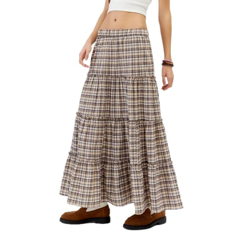 Women's Plaid Skirt Vintage Loose Fitting Elastic Waist Ruffled Tiered Long Skirt for Spring Summer Lady Womenswear...