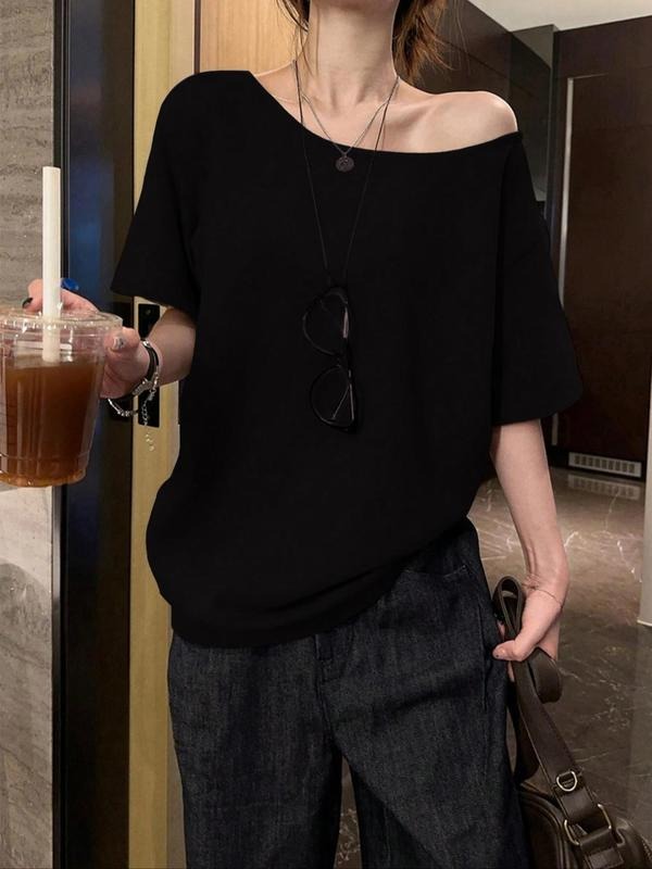 Women's Plain Off Shoulder Tee, Casual Curved Hem T-shirt for Summer, Women's Top for Daily Wear