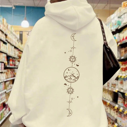 Women's Planet Print Drop Shoulder Thermal Lined Hoodie, Fashion Casual Drawstring Pocket Hooded Sweatshirt for Daily Holiday Outdoor Wear, Women Clothing for Fall & Winter