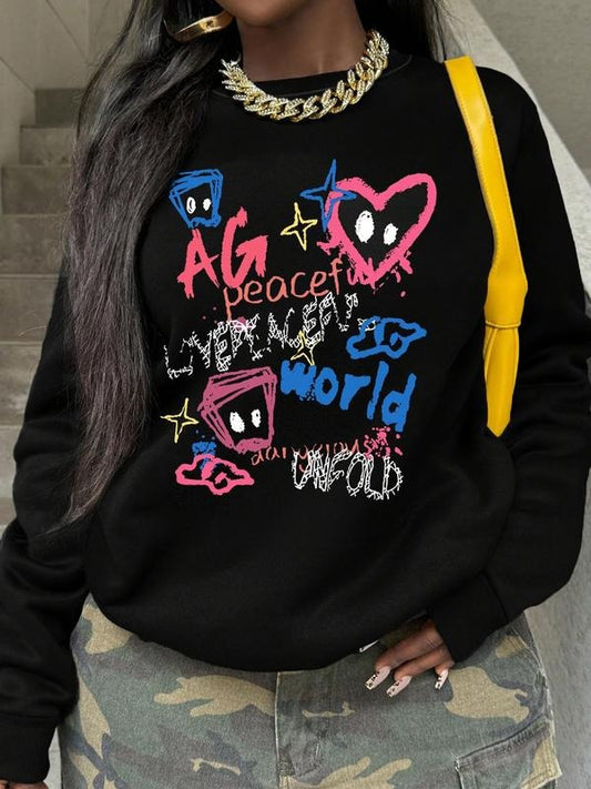Women's Pop-Art Print Crew Neck Pullover, Fashion Casual Slight Stretch Sweatshirt for Daily Holiday Outdoor Wear, Ladies Clothes for All Seasons