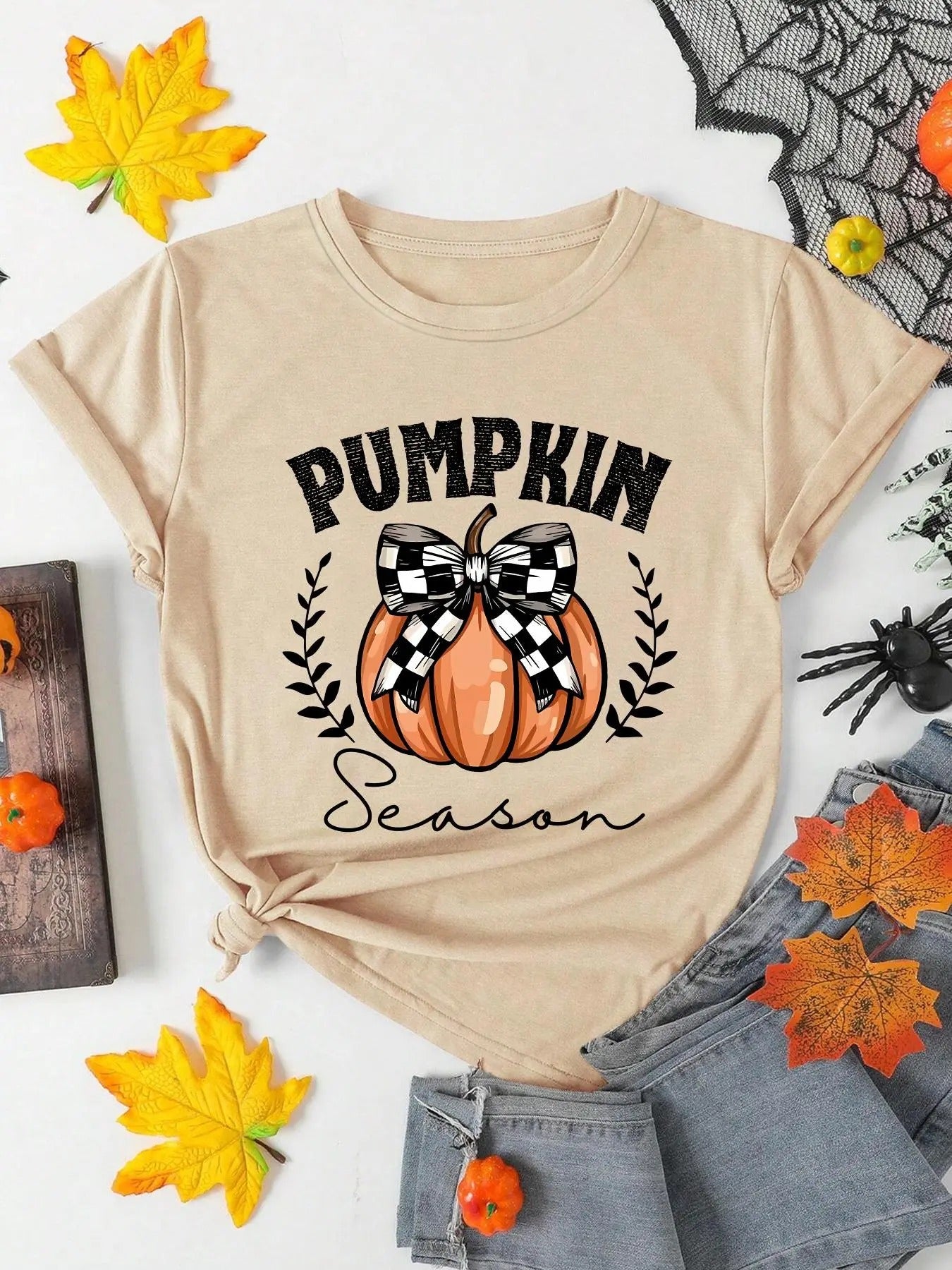 Women's Pumpkin & Letter Print Round Neck Tee, Fashion Casual Crew Neck T-shirt for Daily Holiday Vacation Outdoor Wear, Ladies Clothes for Summer