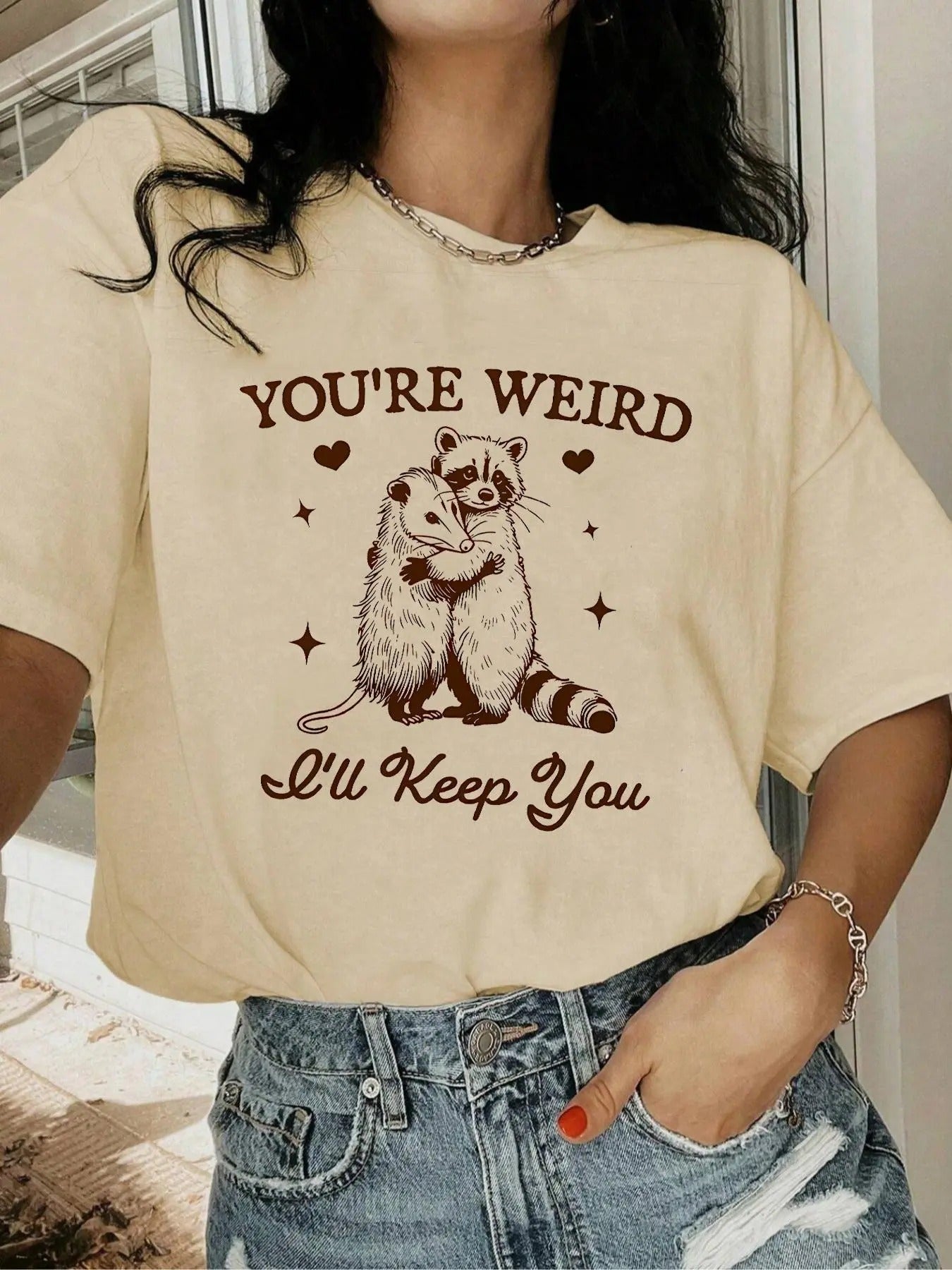 Women's Raccoon & Letter Print Round Neck Tee, Fashion Casual Crew Neck T-shirt for Daily Holiday Vacation Outdoor Wear, Ladies Clothes for Summer