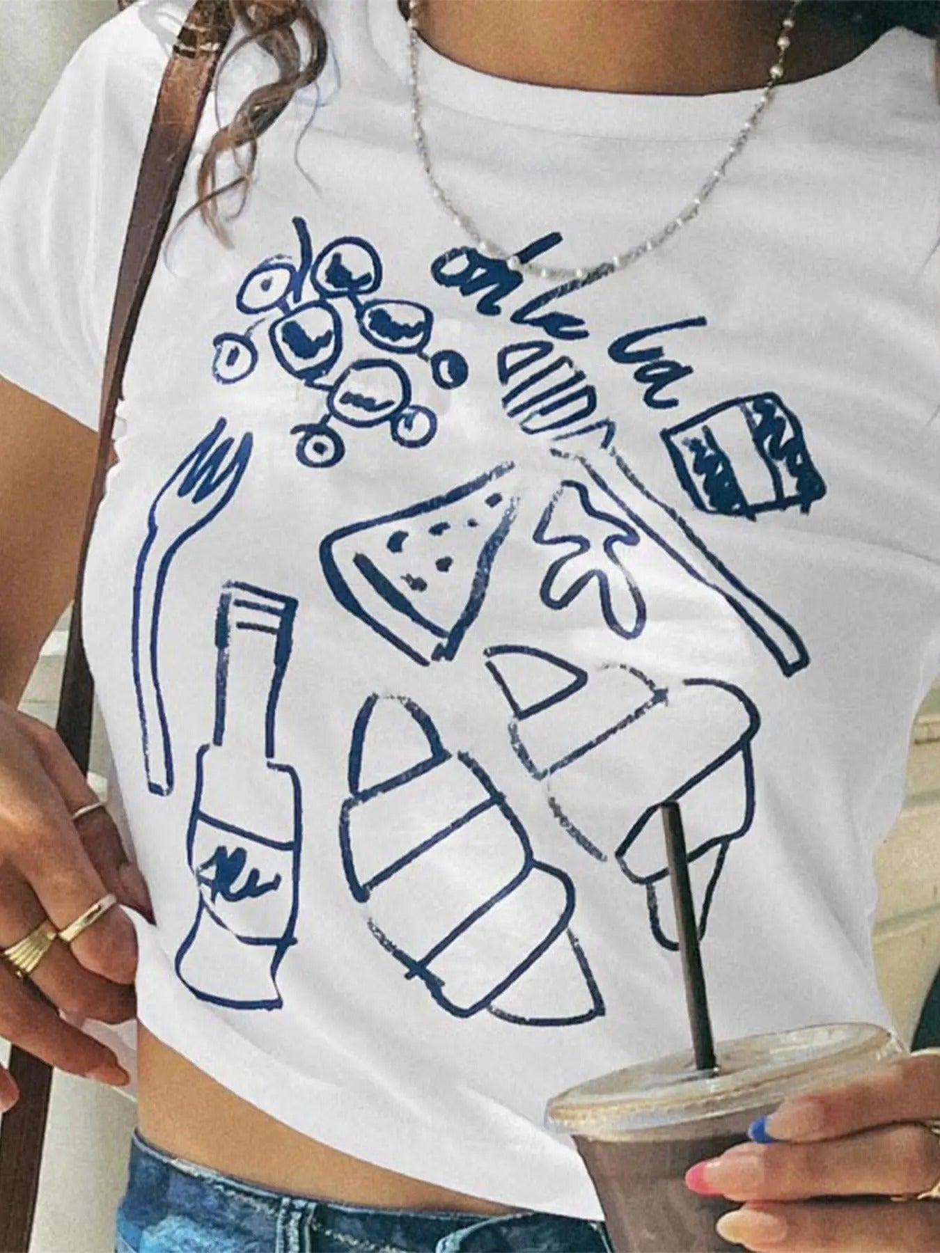 Women's Random Food Print Round Neck Tee, Casual Short Sleeve Crew Neck T-Shirt for Daily Wear, Ladies Clothes for All Seasons