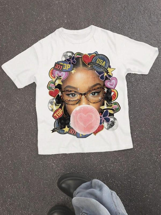 Women's Random Print Round Neck Graphic Tee, Fashion Casual Crew Neck T-Shirt for Daily Holiday Vacation Outdoor Wear, Ladies Clothes for Summer, Top