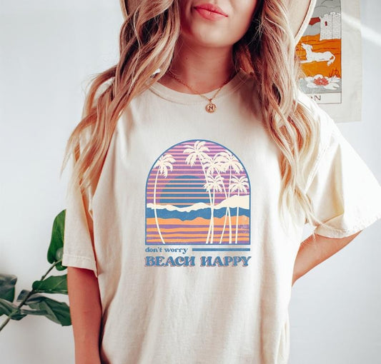 Women's Retro Don't Worry Beach Happy T-shirt Retro Vintage T Shirt Oversized T Shirt Oversized Tee Handmade Clothing...