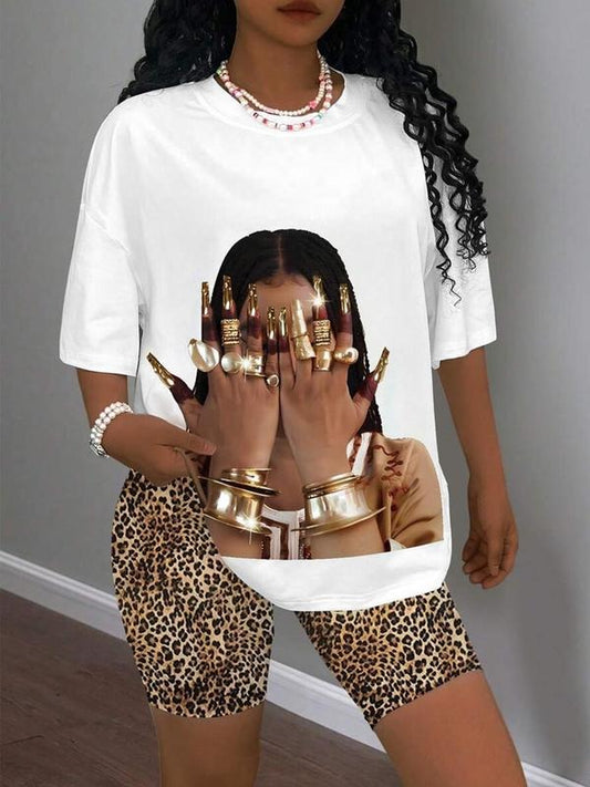 Women's Ring & Hand Print Round Neck Tee, Fashion Casual Crew Neck T-Shirt for Daily Holiday Vacation Outdoor Wear, Ladies Clothes for All Seasons, Top