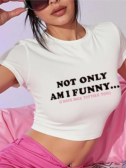 Women's Round Neck Graphic Crop Tee, Fashion Casual Crew Neck T-shirt for Daily Holiday Vacation Outdoor Wear, Ladies Clothes for All Seasons