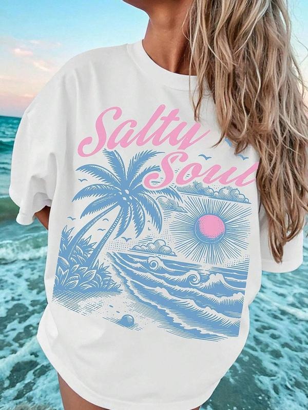 Women's Salty Soul Round Neck Graphic Tee, Vintage Trendy Casual Short Sleeve T-shirt for Daily Wear, Ladies Summer Outfit, Top