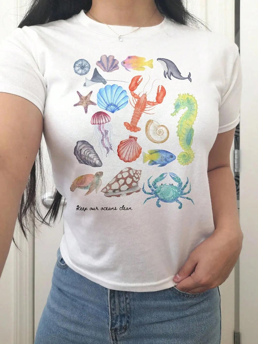 Women's Sea Life Print Round Neck Tee, Casual Short Sleeve Crew Neck T-shirt for Daily Wear, Ladies Clothes for All Seasons