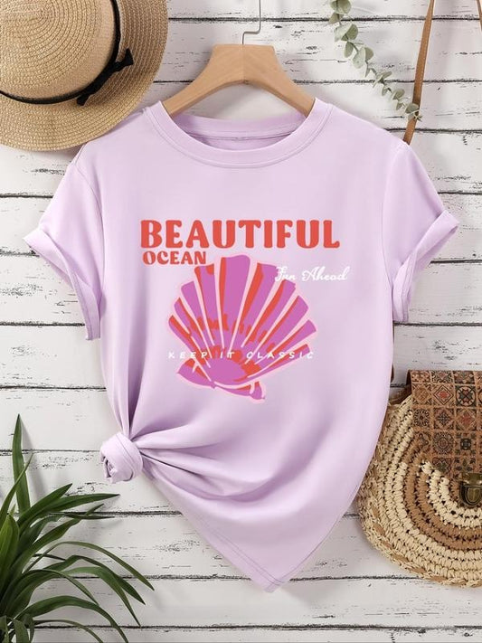 Women's Shell & Letter Print Round Neck Graphic Tee, Vintage Trendy Casual Short Sleeve T-shirt for Daily Wear, Ladies All Seasons Outfit