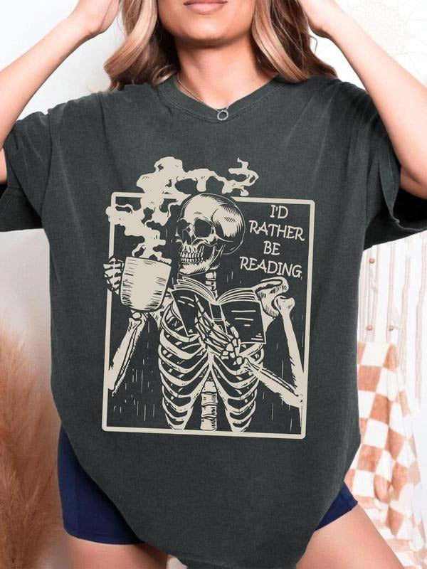 Women's Skeleton & Book Print Round Neck Tee, Vintage Trendy Casual Short Sleeve T-shirt for Daily Wear, Ladies Spring &...