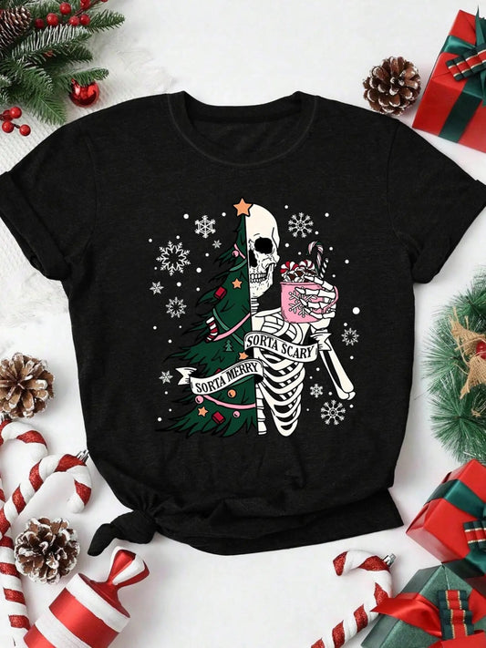 Women's Skeleton & Christmas Tree Print Round Neck Graphic Tee, Vintage Trendy Casual Short Sleeve T-shirt for Daily...