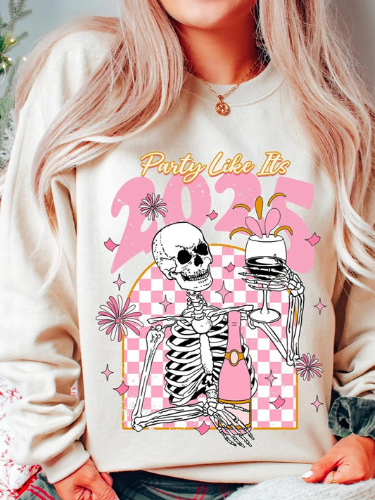 Women's Skeleton & Drink Print Crew Neck Sweatshirt, Fashion Casual Pullover for Daily Holiday Outdoor Wear, Women Clothing for Fall & Winter