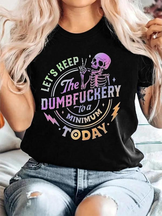 Women's Skeleton & Letter Print Round Neck Graphic Tee, Vintage Trendy Casual Short Sleeve T-shirt for Daily Wear, Ladies All Seasons Clothes