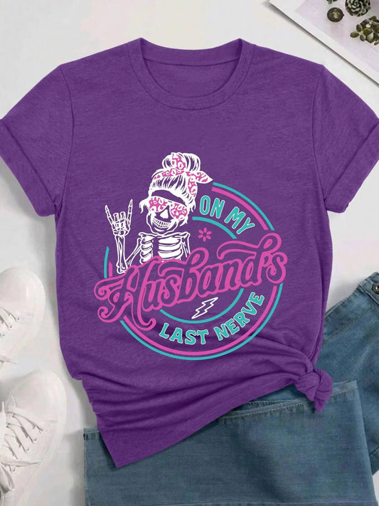 Women's Skeleton Figure & Letter Print Round Neck Tee, Fashion Casual Short Sleeve T-shirt for Daily Holiday Vacation Outdoor Wear, Ladies Clothes for Summer