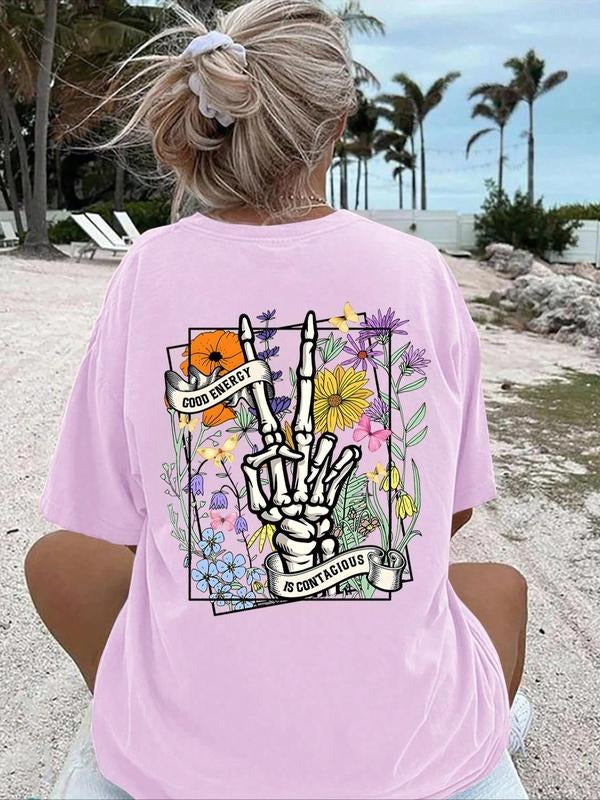 Women's Skeleton Hand & Floral Print T-Shirt, Casual Short Sleeve Round Neck Tee, Summer Streetwear Top, Ladies Fashion Clothes